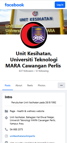Facebook page preview for Unit Kesihatan UiTM Perlis