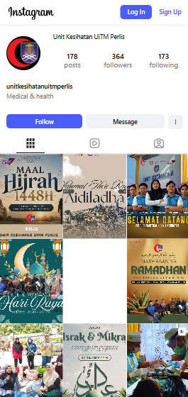 Instagram page preview for Unit Kesihatan UiTM Perlis