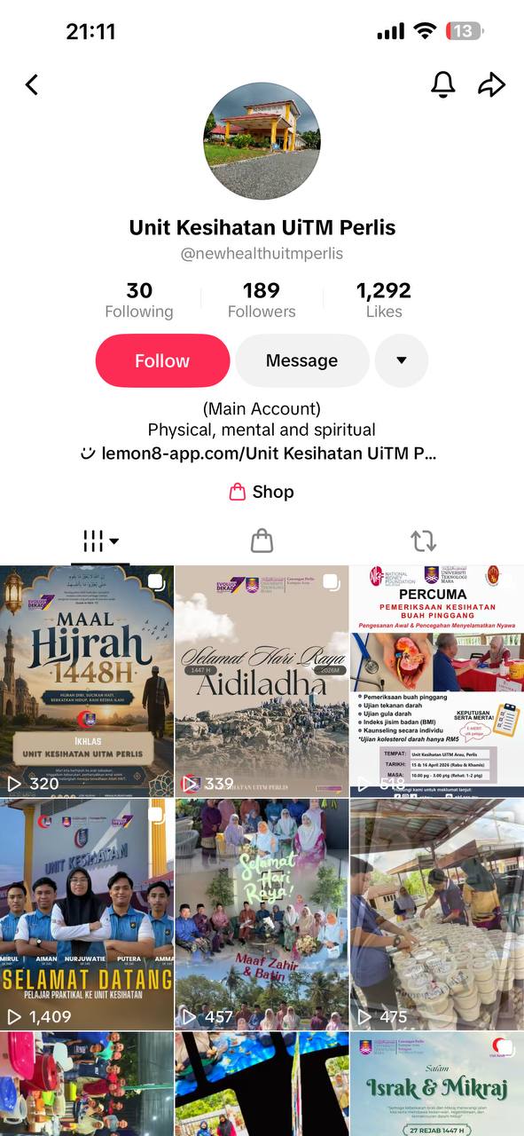 Tiktok page preview for New Health UiTM Perlis